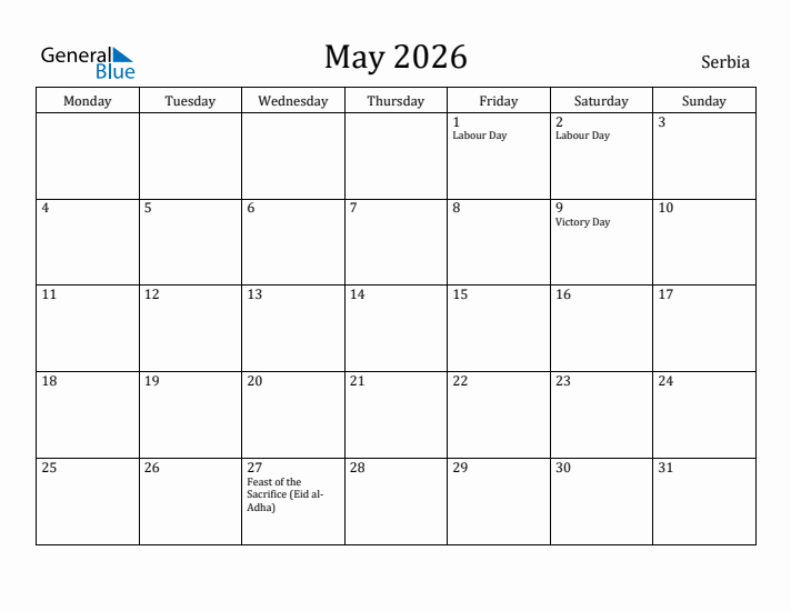 May 2026 Calendar Serbia