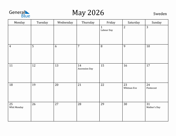 May 2026 Calendar Sweden