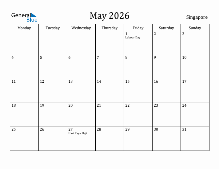 May 2026 Calendar Singapore