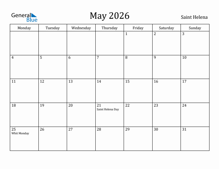 May 2026 Calendar Saint Helena