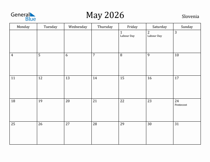 May 2026 Calendar Slovenia