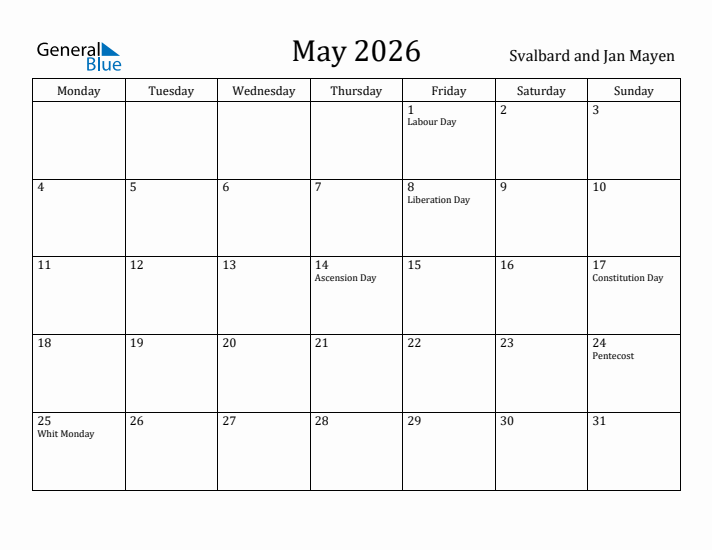 May 2026 Calendar Svalbard and Jan Mayen