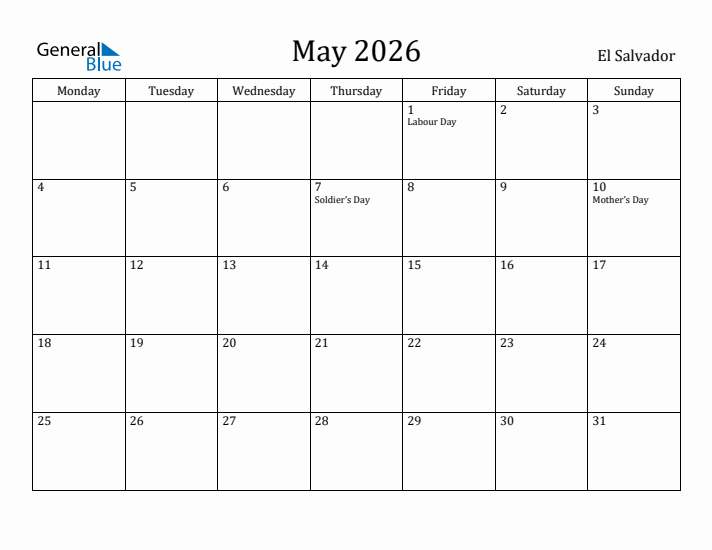May 2026 Calendar El Salvador