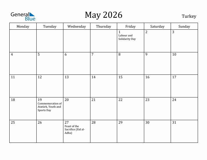 May 2026 Calendar Turkey
