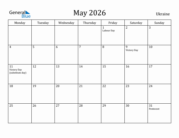 May 2026 Calendar Ukraine