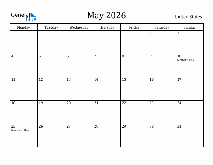 May 2026 Calendar United States