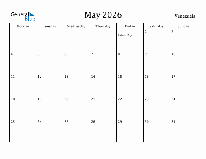 May 2026 Calendar Venezuela