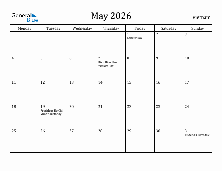May 2026 Calendar Vietnam