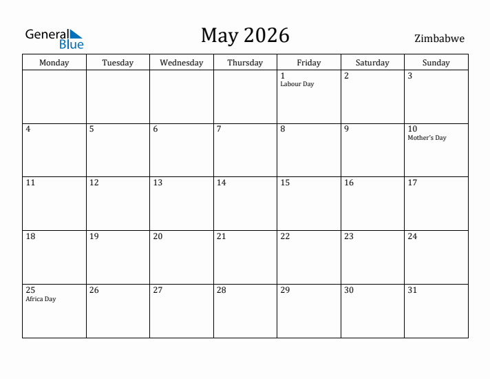 May 2026 Calendar Zimbabwe