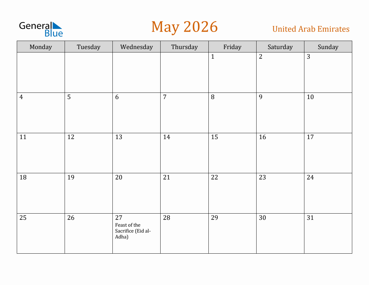 Free May 2026 United Arab Emirates Calendar