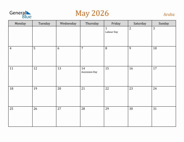 May 2026 Holiday Calendar with Monday Start