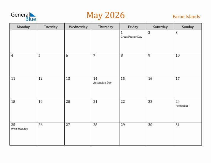 May 2026 Holiday Calendar with Monday Start