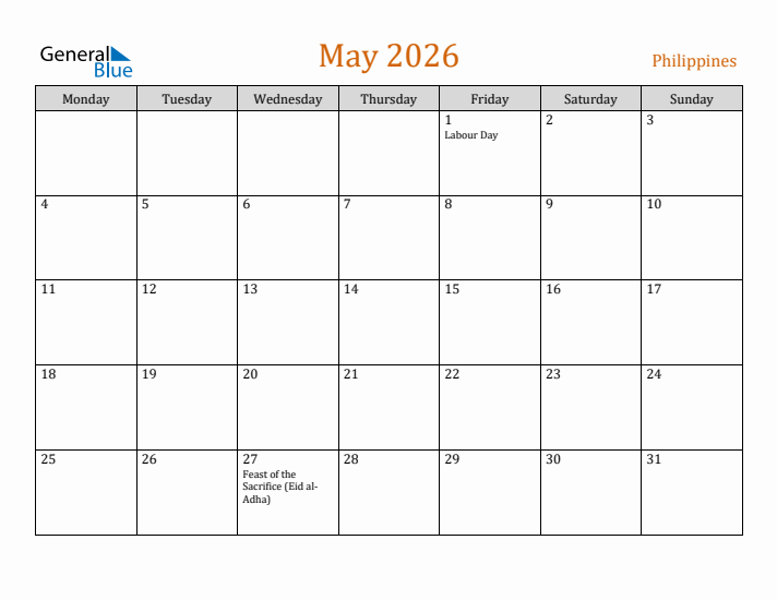 May 2026 Holiday Calendar with Monday Start