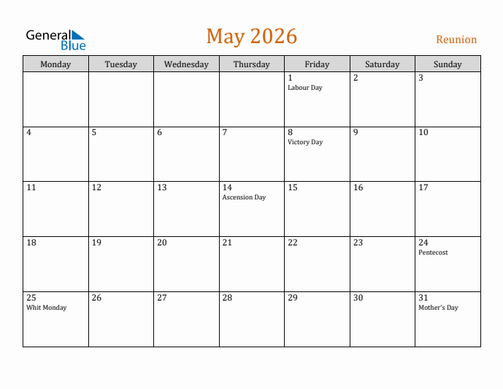 May 2026 Reunion Monthly Calendar With Holidays