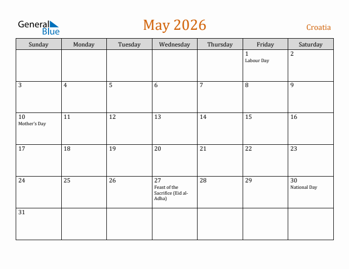 May 2026 Holiday Calendar with Sunday Start