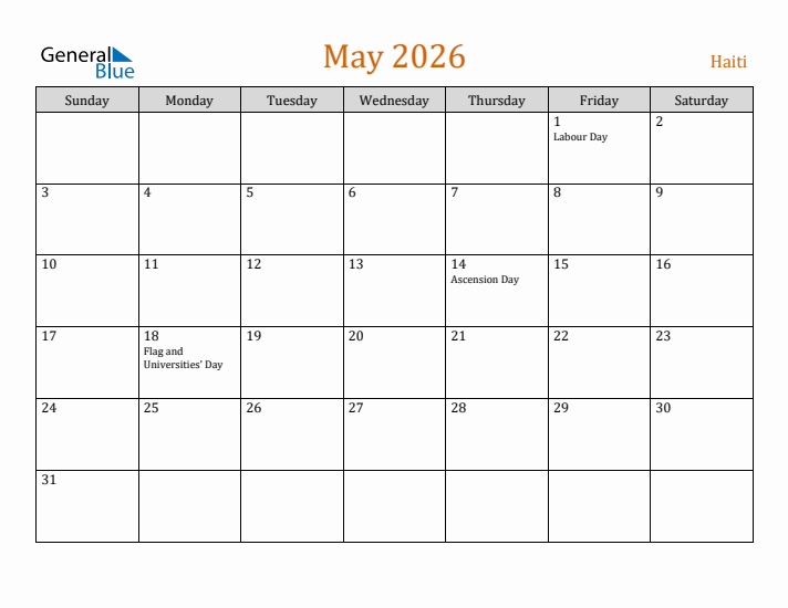 May 2026 Holiday Calendar with Sunday Start