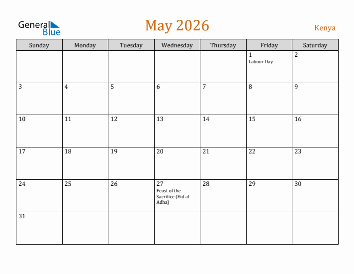 May 2026 Holiday Calendar with Sunday Start