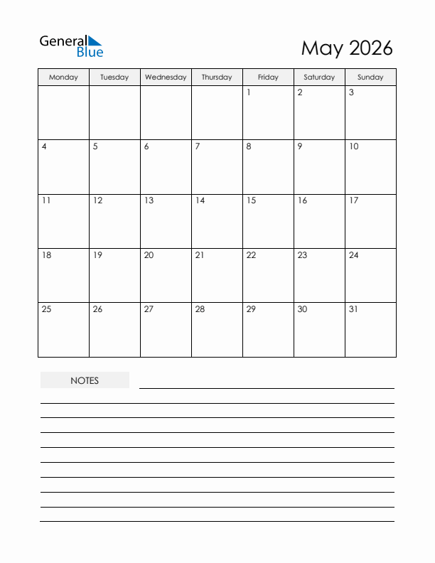 Printable Calendar with Notes - May 2026 