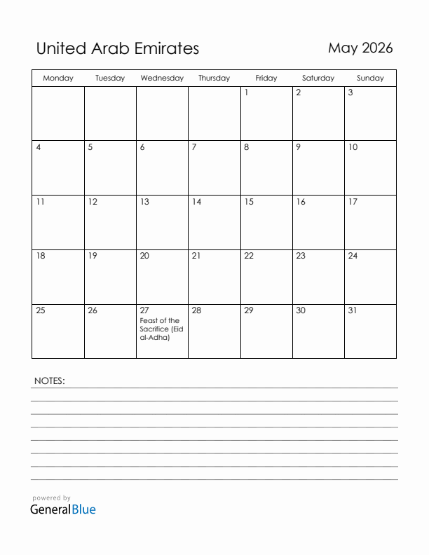 May 2026 United Arab Emirates Calendar with Holidays (Monday Start)