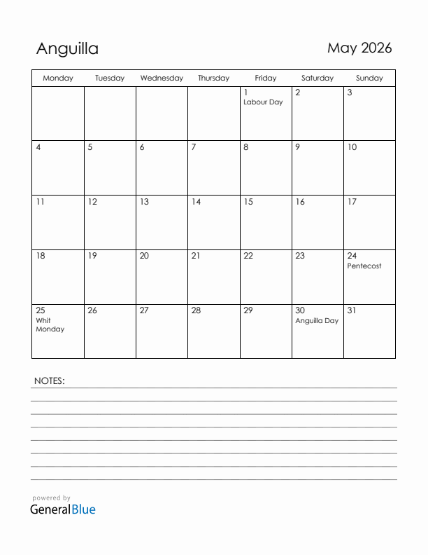 May 2026 Anguilla Calendar with Holidays (Monday Start)