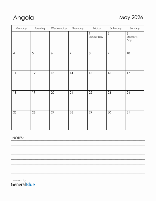 May 2026 Angola Calendar with Holidays (Monday Start)