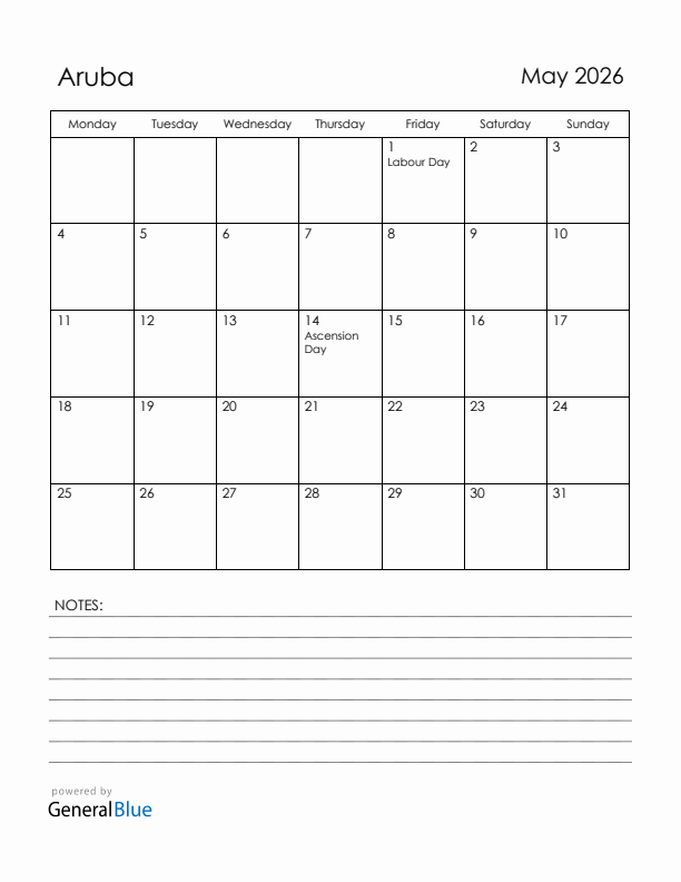 May 2026 Aruba Calendar with Holidays (Monday Start)
