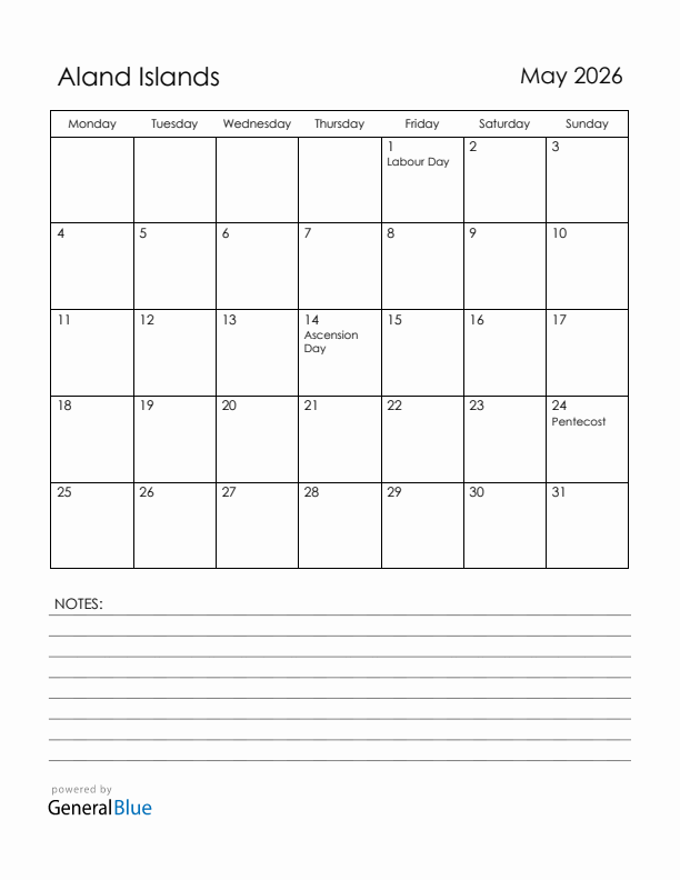 May 2026 Aland Islands Calendar with Holidays (Monday Start)