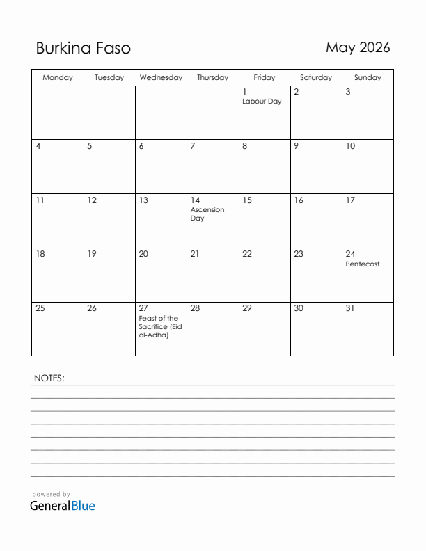 May 2026 Burkina Faso Calendar with Holidays (Monday Start)