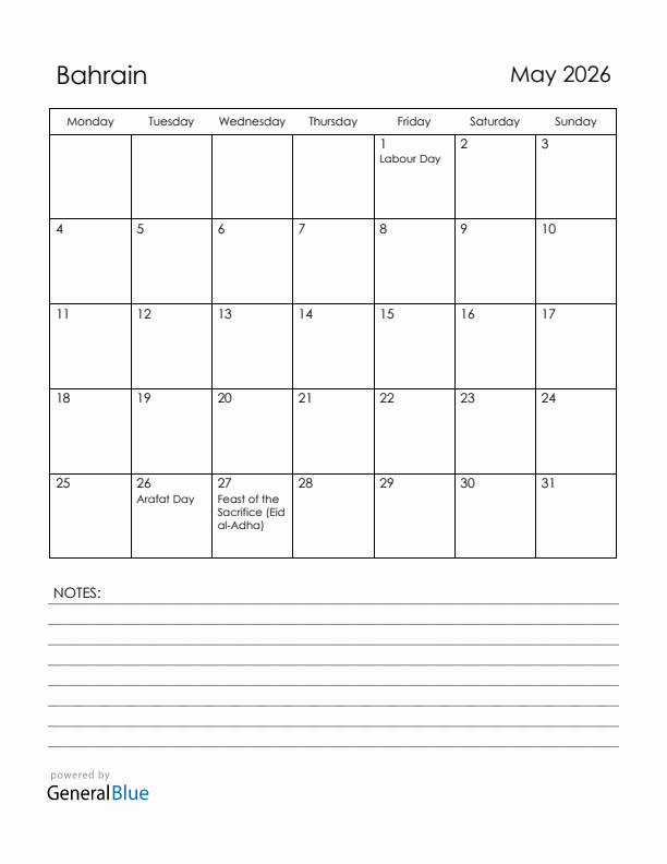 May 2026 Bahrain Calendar with Holidays (Monday Start)