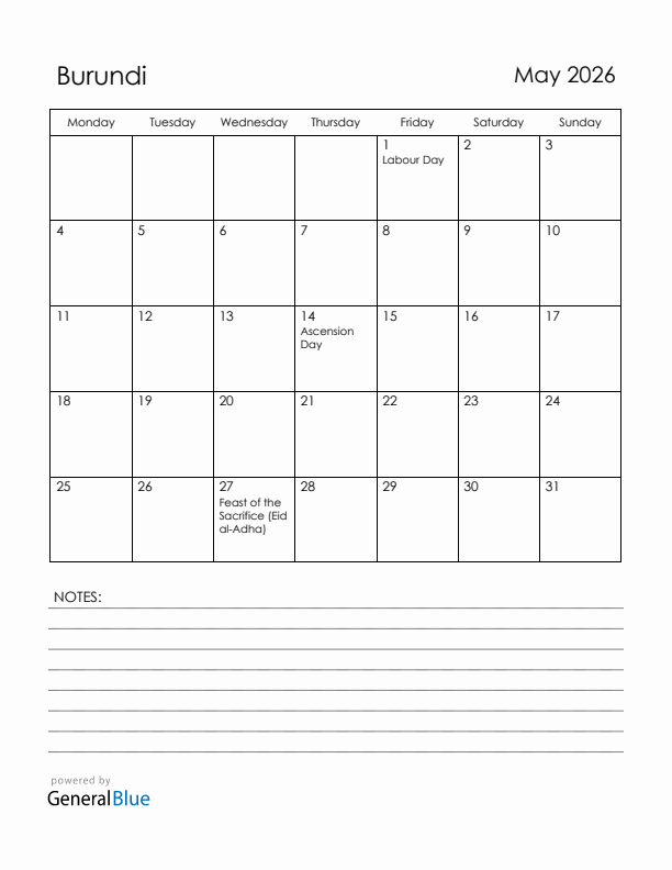 May 2026 Burundi Calendar with Holidays (Monday Start)