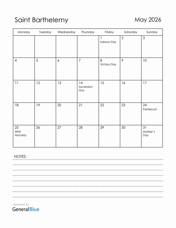 May 2026 Saint Barthelemy Calendar with Holidays (Monday Start)
