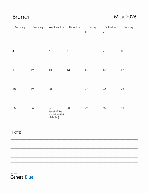 May 2026 Brunei Calendar with Holidays (Monday Start)