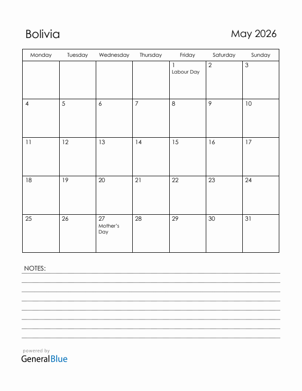 May 2026 Bolivia Calendar with Holidays (Monday Start)