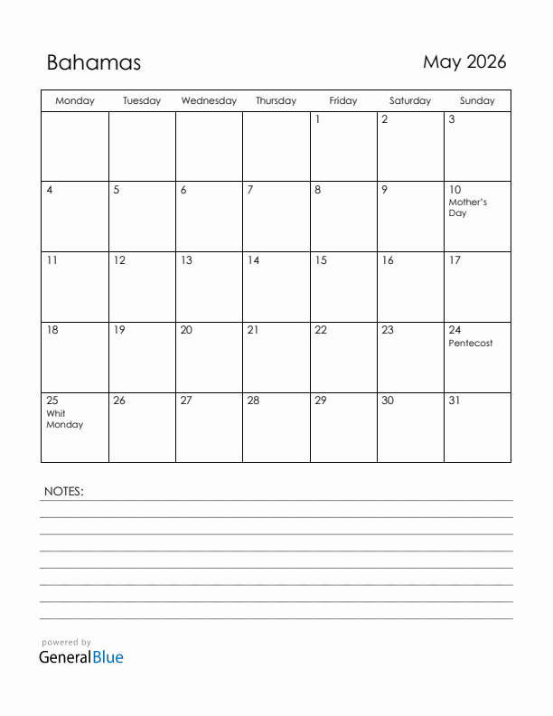 May 2026 Bahamas Calendar with Holidays (Monday Start)