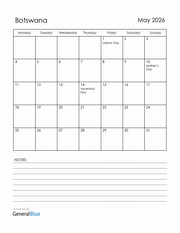 May 2026 Botswana Calendar with Holidays (Monday Start)