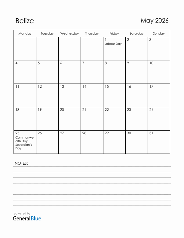 May 2026 Belize Calendar with Holidays (Monday Start)