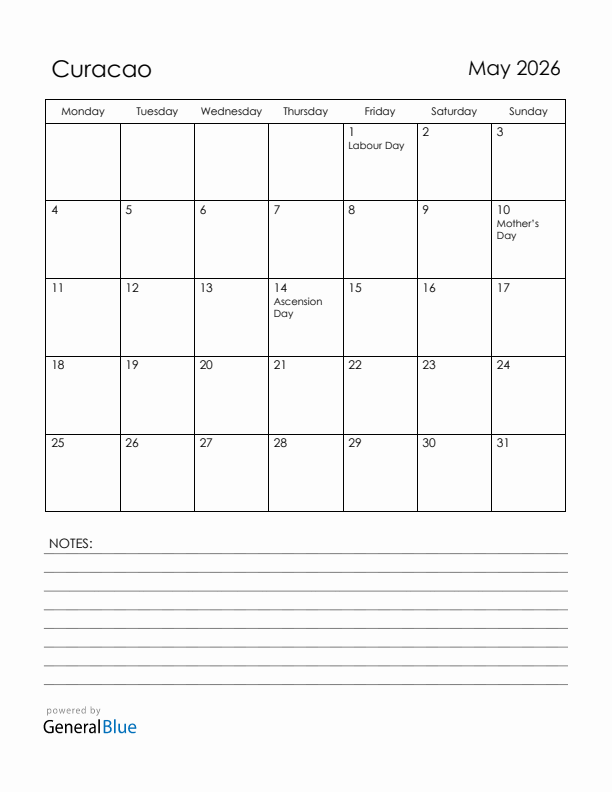 May 2026 Curacao Calendar with Holidays (Monday Start)