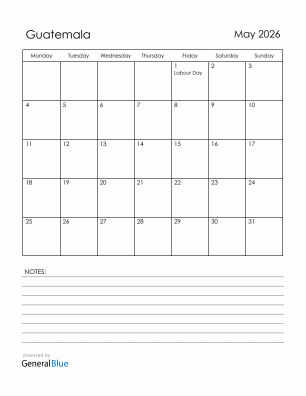 May 2026 Guatemala Calendar with Holidays (Monday Start)