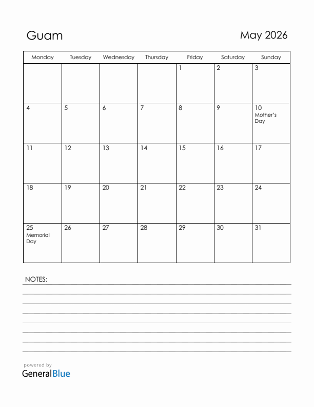 May 2026 Guam Calendar with Holidays (Monday Start)