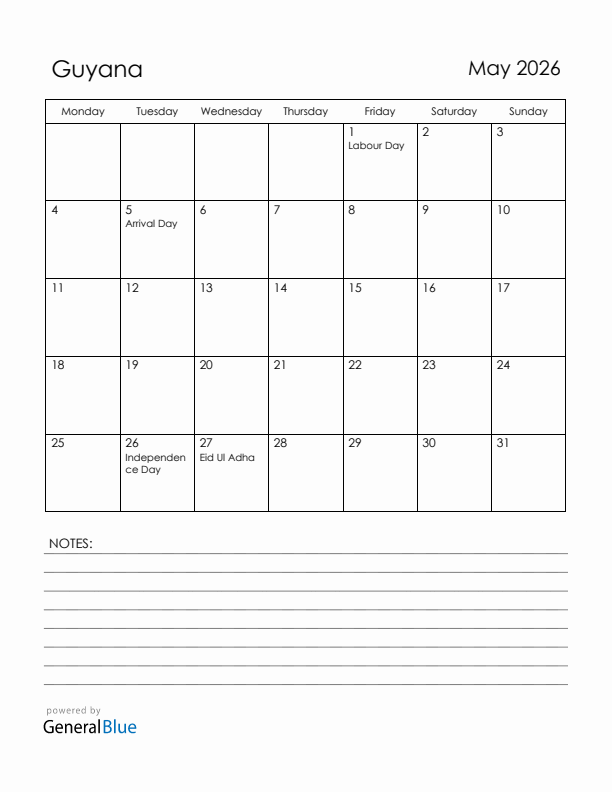 May 2026 Guyana Calendar with Holidays (Monday Start)