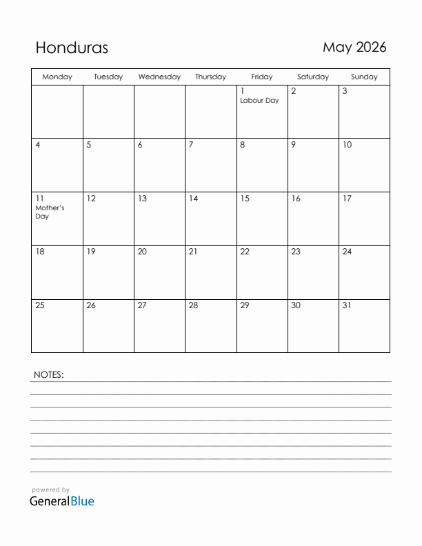 May 2026 Honduras Calendar with Holidays (Monday Start)