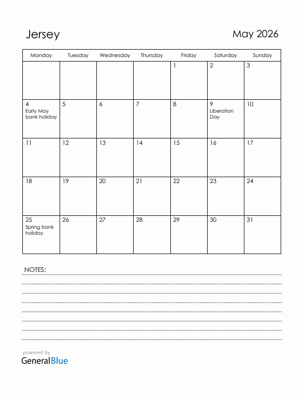 May 2026 Jersey Calendar with Holidays (Monday Start)