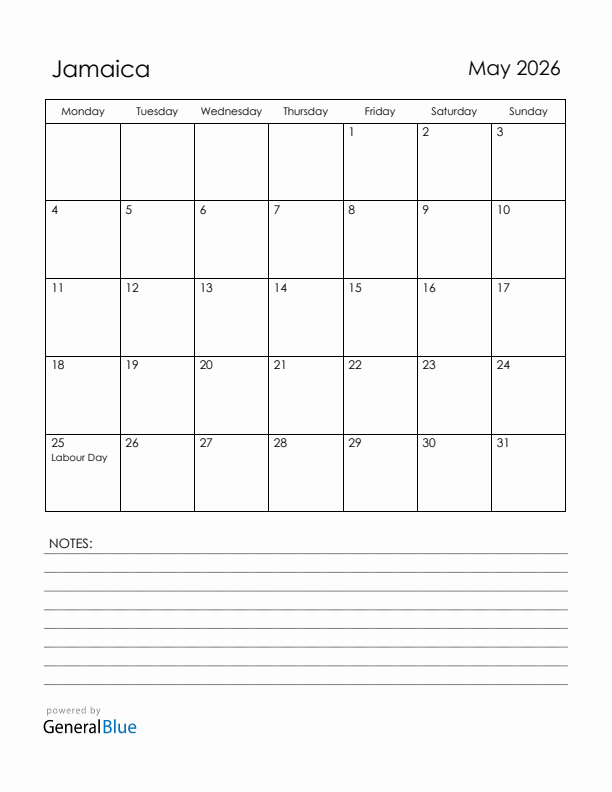 May 2026 Jamaica Calendar with Holidays (Monday Start)