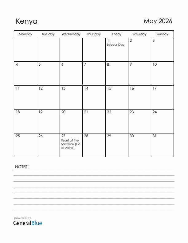 May 2026 Kenya Calendar with Holidays (Monday Start)