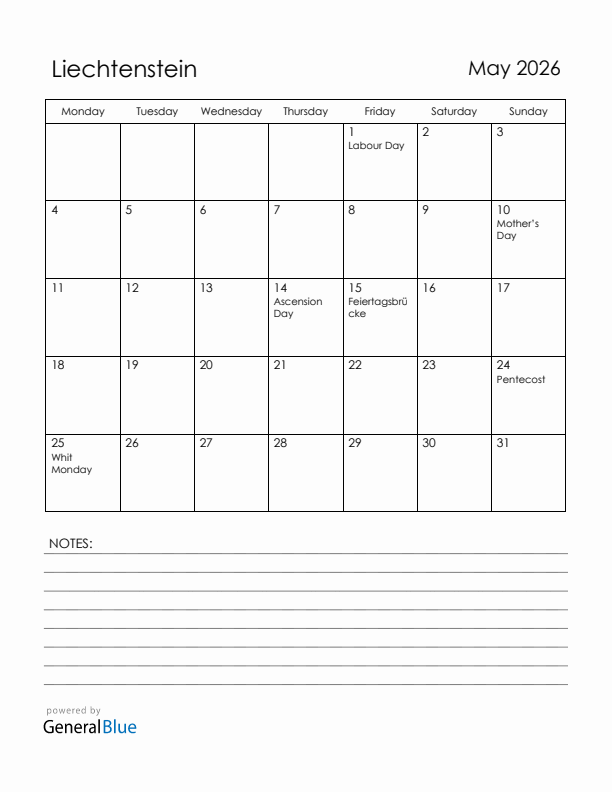 May 2026 Liechtenstein Calendar with Holidays (Monday Start)