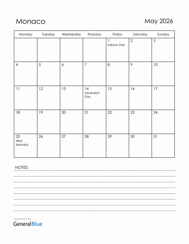 May 2026 Monaco Calendar with Holidays (Monday Start)