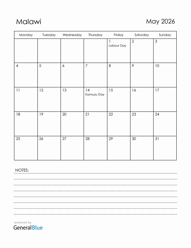 May 2026 Malawi Calendar with Holidays (Monday Start)