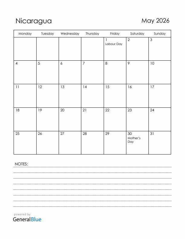 May 2026 Nicaragua Calendar with Holidays (Monday Start)