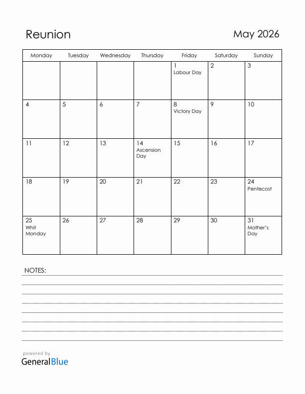 May 2026 Reunion Calendar with Holidays (Monday Start)
