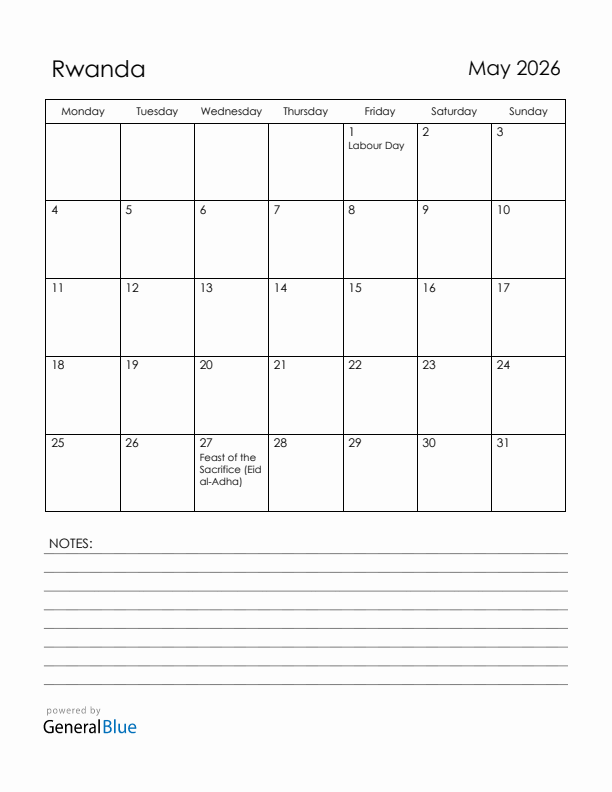 May 2026 Rwanda Calendar with Holidays (Monday Start)